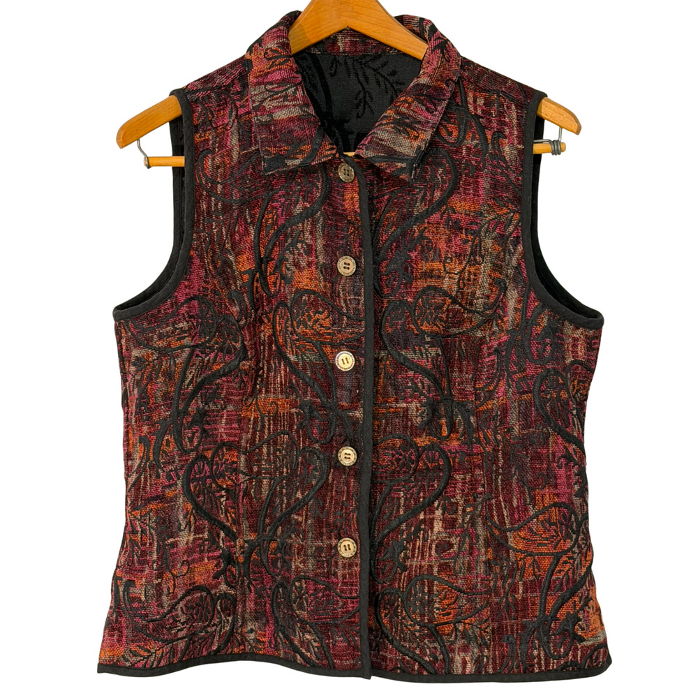 Christopher Banks Sz XL Reversible Button Front Vest Red Brocade & Solid Black
